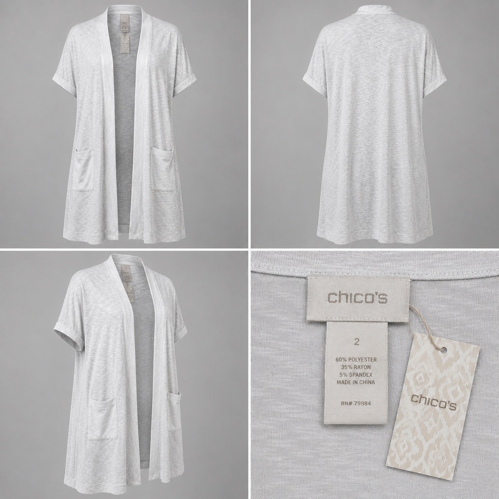 Chicos NWT Open Front Cardigan Gray Slub Knit Pocket Lightweight Kimono Longline